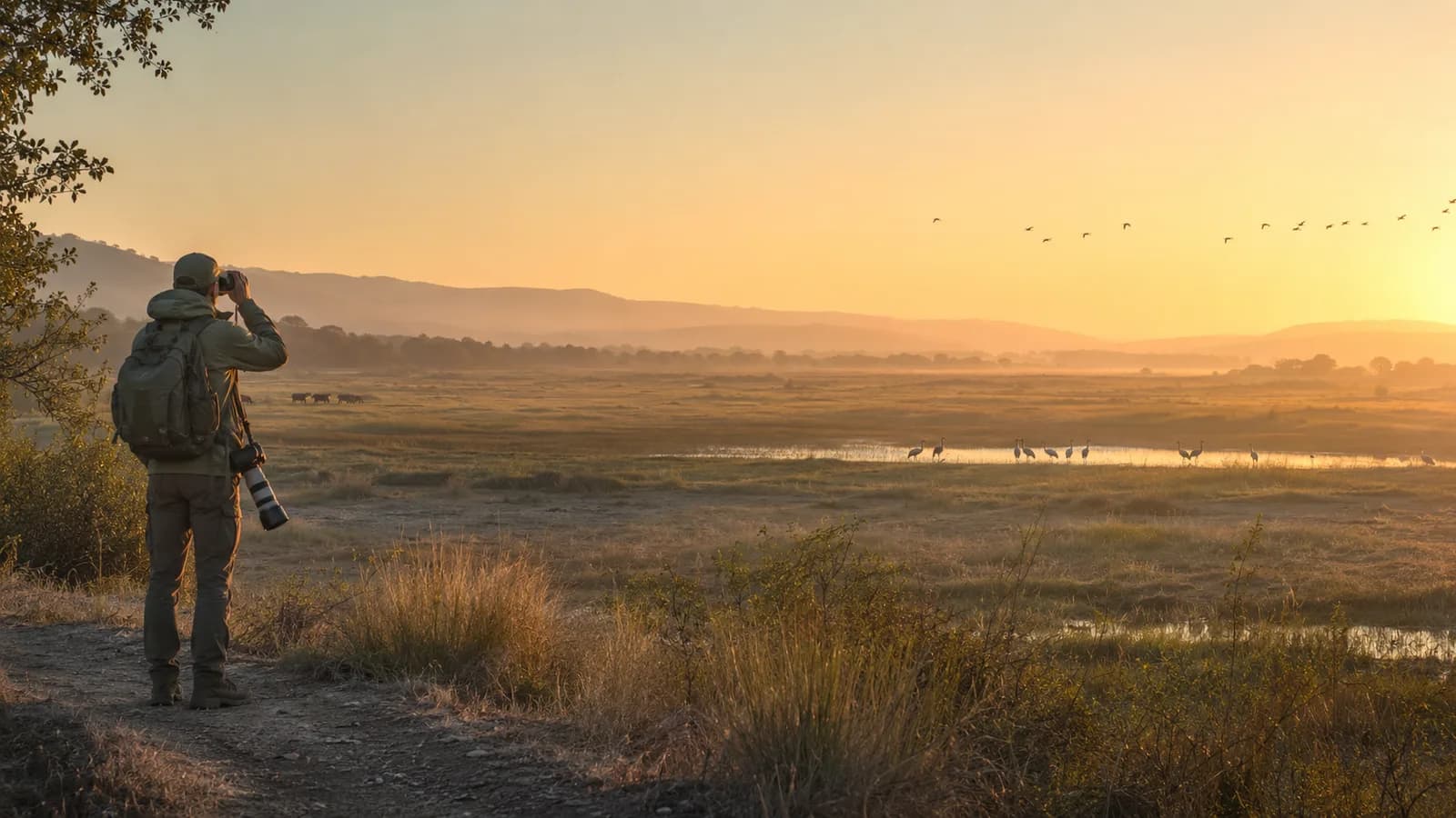 A wildlife photographer scanning a misty wetland at dawn, surrounded by tall reeds and warm golden light.
